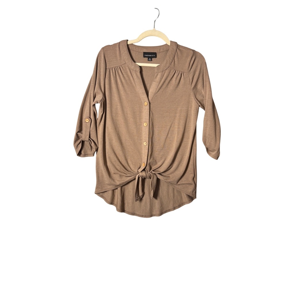 Fortune + Ivy Womens Top XS Tan Front Tie 3/4 Roll Tab Sleeve Casual Minimalist